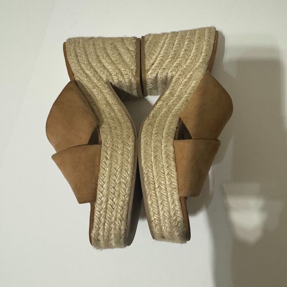 ZARA Women's Tan Suede Espadrille Sandals SZ 38/7.5 block platform heels slip on - Picture 4 of 6